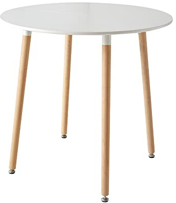 GrandCA HOME Runder Esstisch, Küchentisch mit Beinen aus massivem Holz, MDF-Schreibtisch mit Spleißstruktur, für Esszimmer, Wohnzimmer, Weiß 80 x 80 x 75 cm