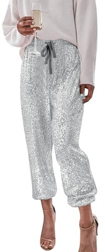 Duohropke Pailletten Hose Damen, Glitzer Hose Damen High Waist mit Gummizug Kordelzug Sexy Elegant Stretch Freizeithose Party Festliche Locker Lange Hosen für Frauen