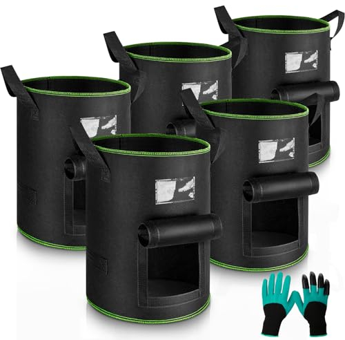 Enbagold Kartoffel Pflanzsack, 5 Stück 40L Pflanzsäcke mit Gartenhandschuhe, Vliesstoff Pflanztasche mit Griffe und Sichtbarem Fenster, Pflanztopf für Kartoffeln, Tomaten, Erdbeeren