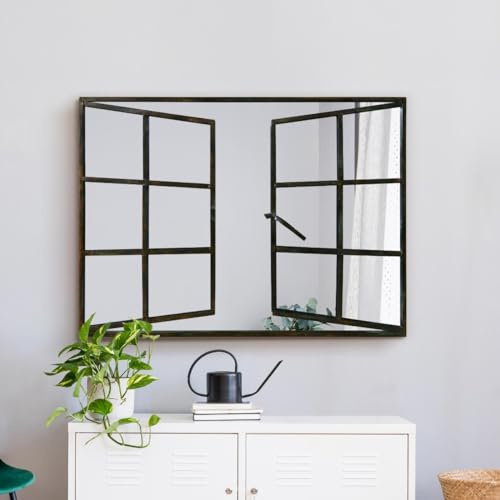 MirrorOutlet The Kirkby Miroir Mural rectangulaire en métal Rustique Effet fenêtre 100 x 73 cm