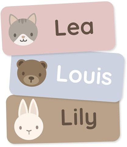 Klebekerlchen® Namensaufkleber für Kinder (120 Stück), Kleidung & Gegenstände Namensschilder personalisiert und waschmaschinenfest, Schule und Kindergarten - Babytiere