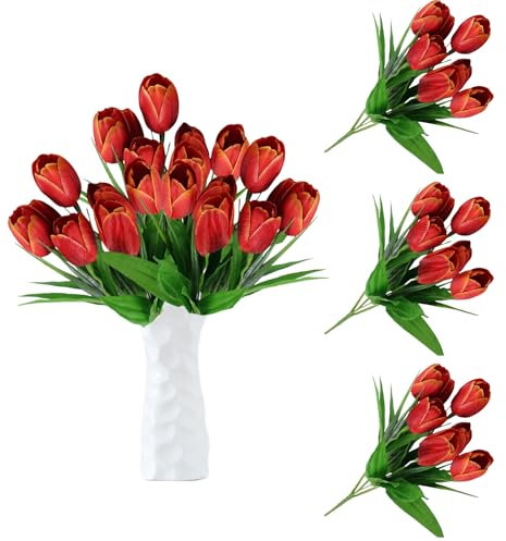 astylishome Artificial Flowers for Outdoor 21 Pcs Tulips Red Fake Arrangement Bouquet Real Touch Faux Tulip for Indoor Wedding Photography and Other Decorations 0117