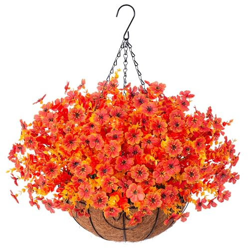 HyeFlora Cesta artificial de flores colgantes de otoño para decoración exterior al aire libre, seda sintética, color naranja, aspecto de flor real, resistente a los rayos UV, para porche, hogar, patio