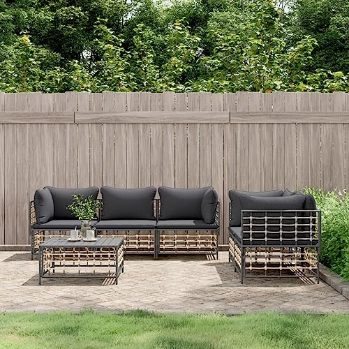 KLYEON 6-TLG. Garten-Lounge-Set mit Kissen Anthrazit Poly Rattan,Anthrazitfarbenes Poly Rattan LoungeSet Bequem und modular für den Garten Terrassen Sitzmöbel
