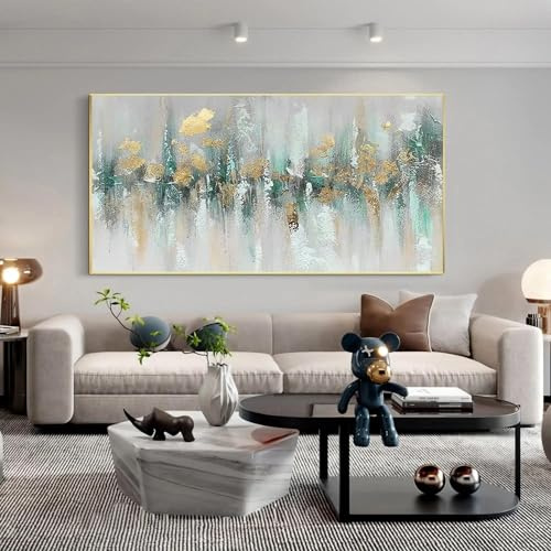 JACBON Dipinto astratto orizzontale strutturato verde acqua oro su tela soggiorno camera da letto grande formato arte da parete dorata arredamento moderno per la casa 80x160cm senza cornice