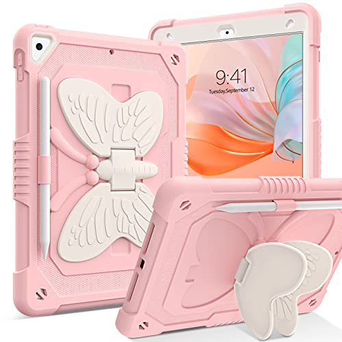 YINLAI for iPad 9th Gen Case 2021 Camo,iPad 8th Gen Case 2020,iPad 7th Gen Case 2019 Two Layer Bumper Shockproof Butterfly Stand Protective Full Body Kid Case for iPad 10.2 Inch, Pink