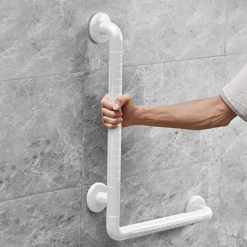 Haltegriffe für Senioren, Duschgriff Rutschfest Sicherheitsgriff mit Fluoreszenz, 60 x 40cm Sicherheitsgriff Badewanne, L-förm Wandhaltegriff Griffstangen für WC Bad Badewanne Treppenhandlauf, Weiß