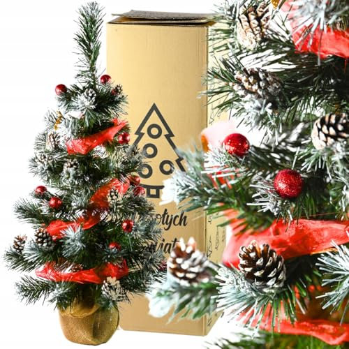 STYLIZER Künstlicher Weihnachtsbaum Klein 60cm - Kleiner Weihnachtsbaum Künstlich mit Schnee und Jute Basis - Tannenbaum Weihnachten Deko Tischdeko für Zuhause & Büro (Rot)