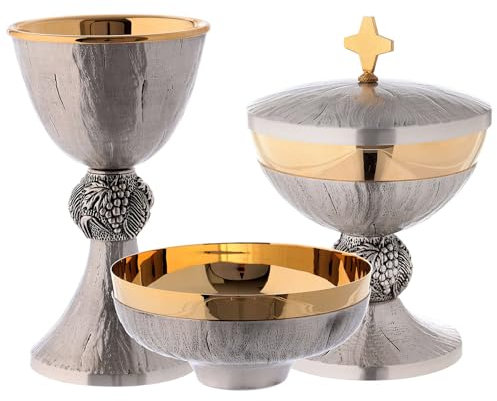Holyart Cáliz copón Patena Nudo espigas y Uvas lató, CálizAltura cáliz: 18.5 cm|Diámetro Patena: 14 cm|Diámetro píxide: 12 cm