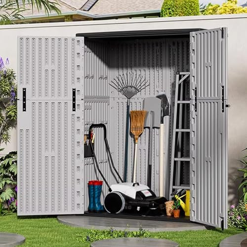 Capanno di stoccaggio esterno in resina con pavimento a doppia porta armadio impermeabile grigio capannoni per attrezzi da giardino per cortile patio soluzione di archiviazione esterna