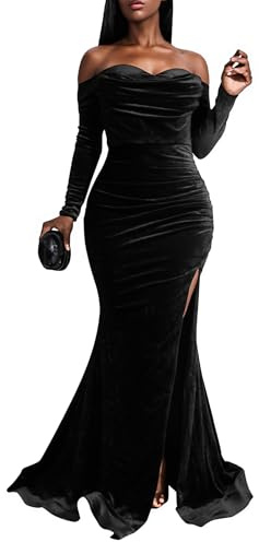 Vakkest Women Off The Shoulder Formal Dresses Long Sleeve Evening Party Velvet Maxi Dress High Split Cocktail Gowns Black