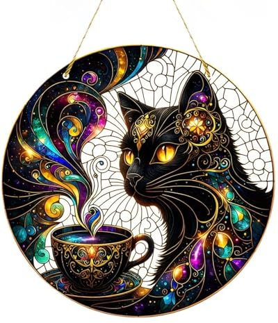 TPZORJX Decoración de Halloween Adorno para Colgar en Vidriera de Gato Negro sobre Decoración de Ventana de Halloween Colgante de Ventana, para Ventanas de Hogar, Puertas, Bastet, Bast, Baast