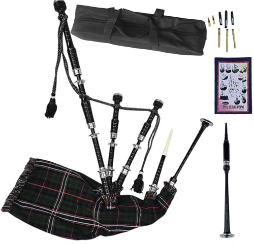 Highland Black Silver Mounts Bagpipe Set - Complete Package with Drone Set, Practice Reeds, Tutor Book, Carry Bag & Tartan Designs (Scottish National)