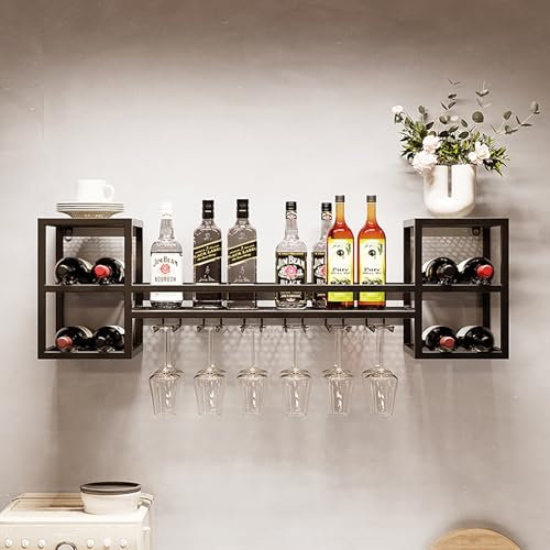 AKOGG Scaffale A Muro per Vino in Metallo, Portabottiglie da Parete Elegante con Supporto in Vetro E Portabicchieri, Scaffale Galleggiante per Vino E Champagne per Cucina, Bar E Cantina