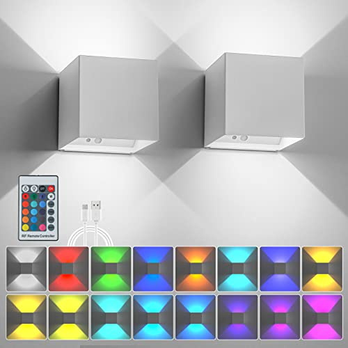 KwatTsz 2Pcs RGB Wall Lights with Remote, LED Up Down Wall Lamp, Indoor Outdoor Dimmable Wall Lights, 6000mAh Rechargeable Battery Wall Sconces for Decoration, Yard, Bedroom, Hallway, Corridor, Stair