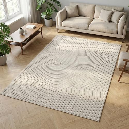 Carpetsale24 Kurzflor Teppich 160x230 cm Creme Wohnzimmer, Schlafzimmer, Küche, 3D Hoch-Tief-Effekt, Skandinavisch Boho Motiv, für Outdoor Bereich geeignet Terrassen oder im Balkon