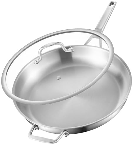 Yeksum 5-lagige Edelstahl-Pfanne, 35,6 cm Bratpfanne, robust, große Bratpfanne, schnelles und gleichmäßiges Erhitzen, bis zu 650 °, ofen- und spülmaschinenfest, kompatibel mit allen Herdarten