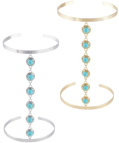 CABODYALS 2 bracelet Manchette Argenté et Doré Turquoise Multicouches Style Bohème Ouvert Brillant Réglable en Métal pour Femme Fête Plage Club Robe Décoration Costume
