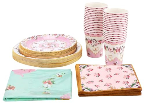 CHIHEUNG Set di 137 decorazioni per tè pomeridiano, vintage floreale, piatti di carta, bicchieri, tovaglioli e tovaglia per feste in giardino, matrimoni, anniversari e compleanni