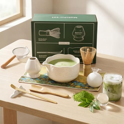 Matcha Whisk Set, Matcha Set with Bowl and Whisk 9 Pcs, Japanese Matcha Tea Set, Bamboo Whisk, Matcha Bowl Set, Matcha Starter Kit, Matcha Making Kit, Matcha Accessories, Matcha Gift Set (White)