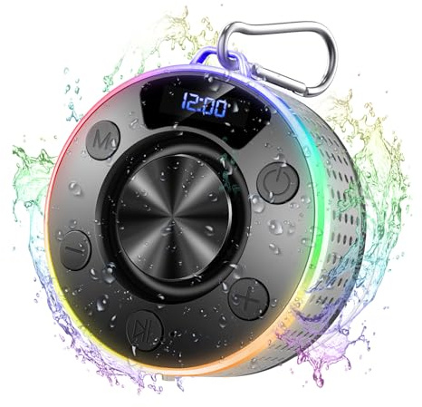 Bluetooth Lautsprecher mit LED Licht, Klein Duschlautsprecher Bluetooth 5.3 | Saugnapf, IPX7 Wasserdicht Tragbare Musikbox Leistungsstarker Kristallklarer Klang für Badezimmer, Bergsteigen, Reisen