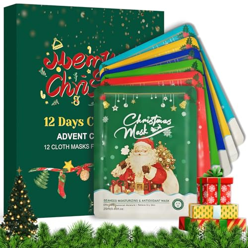 12 Pezzi Maschere per il Viso Idratanti, Set Maschere Natalizie, Maschera in Tessuto Idratante Illuminante, Idratante Pelle, Aumentare lucentezza e Umidità, Per La Maggior Parte di Pelle