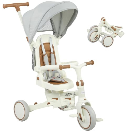 AIYAPLAY Dreirad 5-in-1 mit Schubstange für 1-3 Jahre Faltbar Cremeweiß | Kinderdreirad, Reversibler Sitz, Fußstütze, Ausziehbares Sonnendach, Aufbewahrungstasche, Sicherheitsgurt