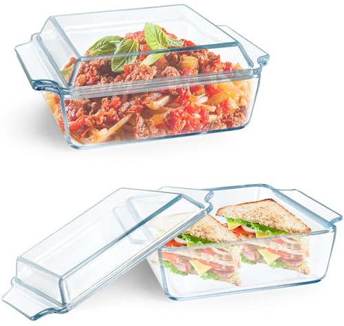 2 Pcs Casserole Dishes with Lid, 1L Small Glass Lasagne Dishes, Clear Rectangle Individual Casserole Dishes Oven Proof, Microwave Oven Safe