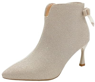 VBEDKDEB Stivaletti da donna alla caviglia stivali alla moda in tessuto con fiocco e paillettes, punta a punta, tacco a spillo, corto da donna, pizzo a spillo, sneakers tradizionali, beige., 40 EU