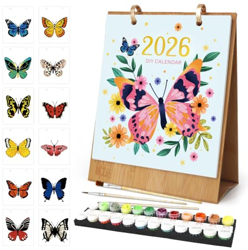 Tischkalender 2026, Malen Nach Zahlen Kalender 2026 DIY Tischkalender, Neuer Digitales Ölgemälde Set für 12 verschiedene Kalender, für Geschenke und Home Haus Deko (Schmetterlinge)