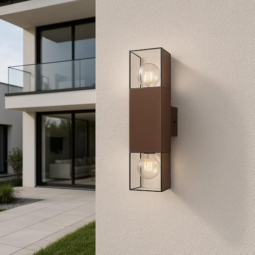 TEKHOME Applique da Esterno IP44 con Attacco E27, Lampada da Parete in Alluminio e Acrilico, 2xE27 12W, Design Moderno Doppia Luce Su e Giù, per Facciata, Giardino e Balcone – Colore Ruggine