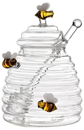 Licsaliwe Pot à miel de 500ml avec cuillère, Pot à miel Transparent en forme d'abeille avec couvercle pour conserver le sirop et