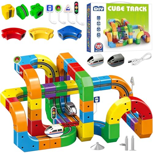 Hyhuiyin Clickrail Electric Train Set, 123PCS 3D Racing Cube Track Set with Electric Train DIY Cube Track Magic Rail Cube Train Set with Gravity-Defying Motorized Train STEM Trains Toy for Kids Adults