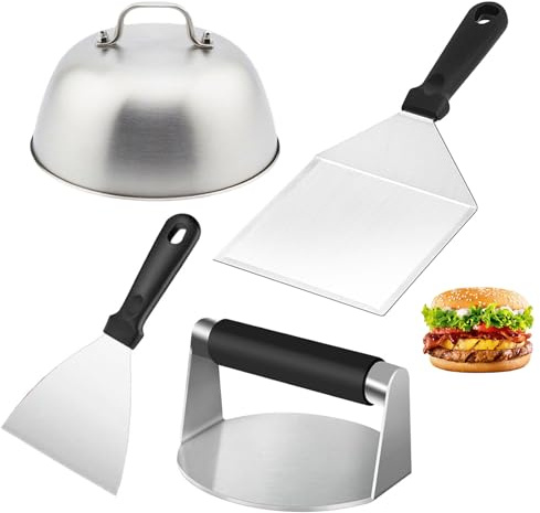 Burger Smasher Set, Kit de Presse à Hamburger, Smash Lot de 4 Hamburgers en Acier Inoxydable, Smash Burger Acier Inoxydable, avec Presse à Hamburger, 2 Spatules, et Cloche, pour Cuisine, Barbecue