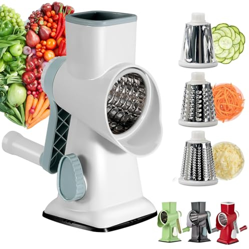 Bizcasa Käsereibe mit Kurbel, Gemüseschneider mit 3 Edelstahl Austauschbaren Trommeln Blättern, Mandoline Gemüsehobel, Gemüseschneider Mandoline Gemüsehobel für Käse, Obst und Gemüse (Weiß)