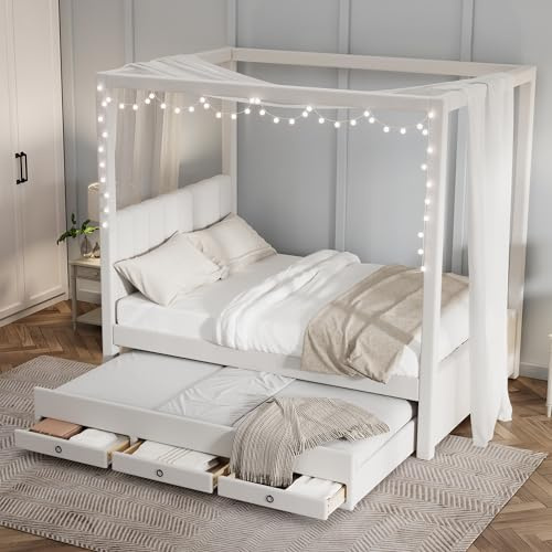 MERITLINE Upholstered Canopy Bed with Trundle and Drawers, Full Size Four Poster Bed Frame with Wood Slats Support and Headboard for for Kids Teens Adults, Space Saving, Beige