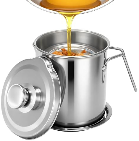 Opifex Bacon Grease Container with Fine Mesh Strainer,2.0L/68oz Stainless Steel Bacon Grease Keeper with Lid and Tray,Large Cooking Oil Storage Can for Frying Oil, Lard, Dishwasher Safe
