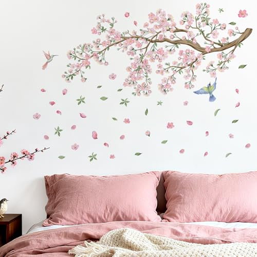 Pomodee Stickers Muraux Branche Fleurs Cerisier Rose Autocollant mural | Autocollant mural floral grand avec oiseaux – décoration murale amovible pour salon, chambre à coucher, mur TV, bureau