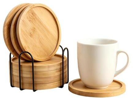6er Set Bambus Untersetzer Rund für Gläser, Holz Glasuntersetzer mit Rand Natürlich Holzuntersetzer mit Halter Tassenuntersetzer Tablett für Gläser, Getränke, Bar, Tassen, Kerzen, Pflanze, 11cm