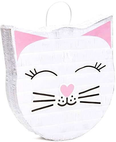 BLUE PANDA Cat Pinata - 14 x 12.8 x 3 In, White, 1 Count - Mini Pinata for Cat Birthday Decorations & Party Supplies, Pastel Birthday Decor & Rainbow Party Decor