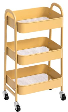 AGTEK 3 Tier Rolling Cart with Lockable Wheels, Metal Utility Cart, Multifunctional Storage for Kitchen, Office, Living Room, Makeup, Craft, Art Studio, Khaki