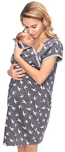 MijaCulture 3 in1 Geburtskleid Stillnachthemd Umstandsnachthemd 4123 (XL / EU42, Graphite/Vögel)