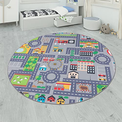 Paco Home Spielteppich Kinderteppich Kinderzimmer Straßenteppich Straßen Design rutschfest In Grau, Grösse:200 cm Quadrat