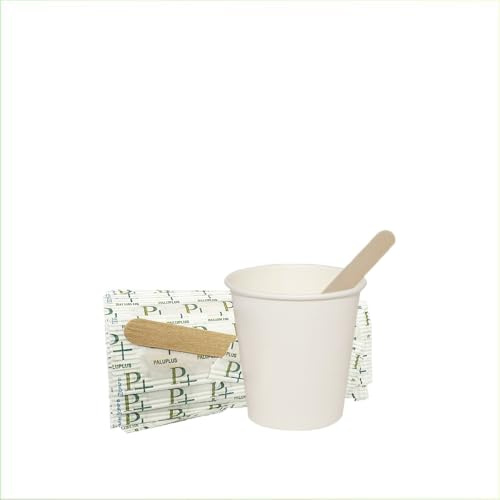 Virsus 500 gobelets à café jetables, 75 ml en papier carton blanc biodégradable pour boissons chaudes ou cappuccino + 500 agitateurs en bois de bouleau