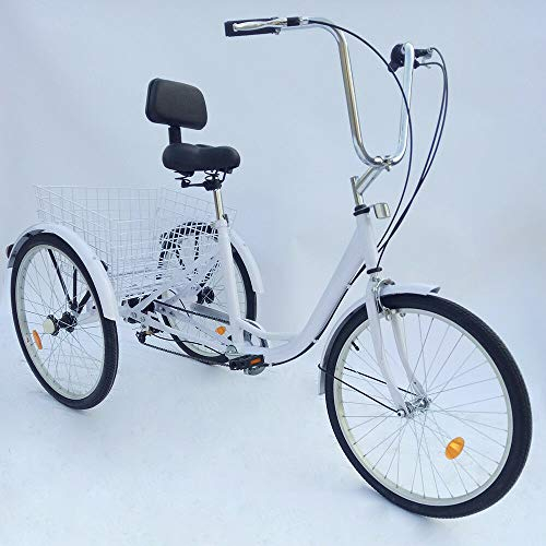 Dreirad Für Erwachsene 24 Zoll 3 Rad Fahrrad Dreirad mit Einkaufskorb,6 Gang Dreirad Trike Bike Radfahren für Erwachsene und SeniorenOutdoor-Sport, Einkaufen(weiß)