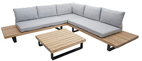 Mendler Garten-Garnitur HWC-H54 Akazie Alu - Hellbraun, Polster hellgrau | Garnitur, Sitzgruppe, Lounge-Set, Spun, Poly, Holz, FSC®