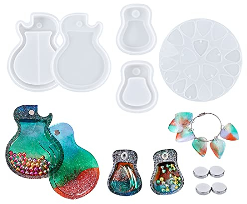 Voyyphixa 5pcs Guitar Pick Resin Molds with Guitar Pick Case Mold, Guitar Triangle Plectrum Silicone Molds Set, for Epoxy Resin Casting, DIY Musical Accessories