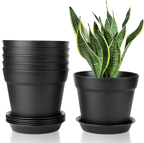 T4U 19cm Kunststoff Blumentopf mit Untersetzer, 6er-Set Plastik Übertopf Kräutertopf mit Mehrere Ablauflöchern, Rund Pflanzkübel für Innen und Balkon Sukkulenten Kaktus, Schwarz