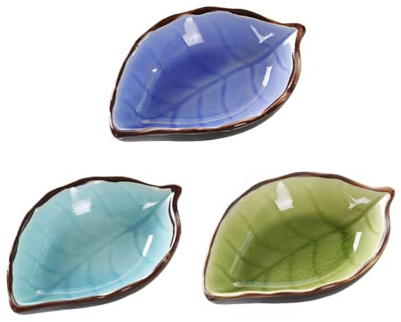 WAIT FLY Lovely Leaf Shaped Ceramic Seasoning Dishes/Tea Bag Holders/Ketchup Saucers/Appetizer Plates/Vinegar Spice Salad Soy Sushi Wasabi Seasoning Dipping Bowls, Set of 3