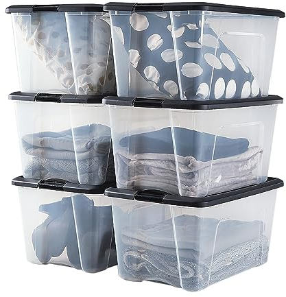 Iris Ohyama, Boite Rangement Plastique avec Couvercle, 45L, Lot de 6, Noir, Clips de Fermeture, Poignée,Empilable, Organisation Solide & Durable, pour Chambre, Dressing, Bureau, NTB-45